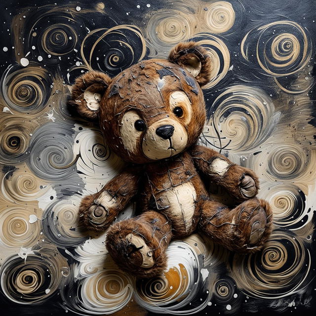 An evocative illustration of a sad, furry little brown teddy bear with a ripped ear, missing eye, patchy fur, and undone stitching, lying down against a black and white abstract background