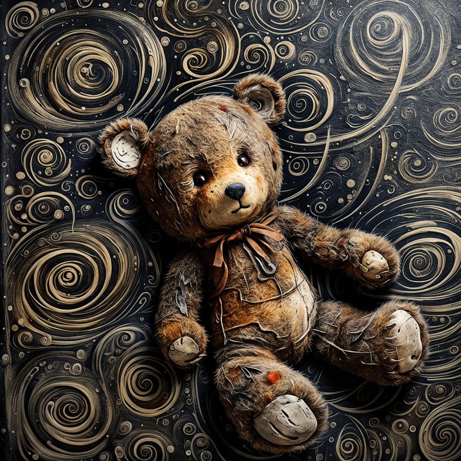 An evocative illustration of a sad, furry little brown teddy bear with a ripped ear, missing eye, patchy fur, and undone stitching, lying down against a black and white abstract background