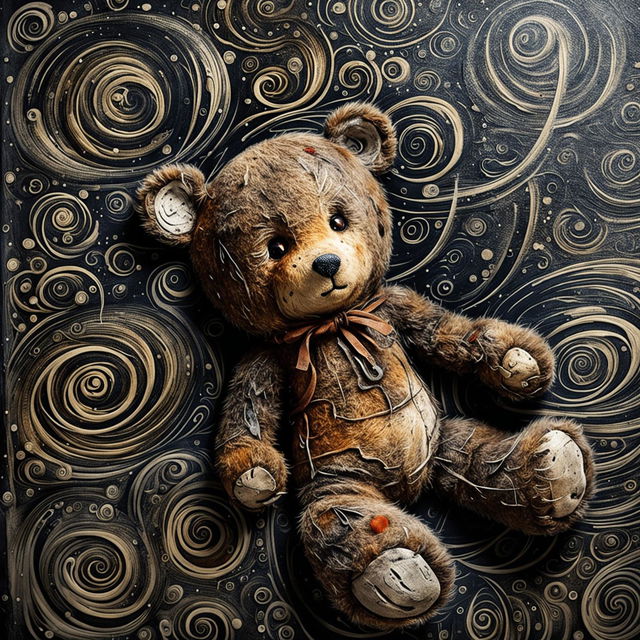 An evocative illustration of a sad, furry little brown teddy bear with a ripped ear, missing eye, patchy fur, and undone stitching, lying down against a black and white abstract background