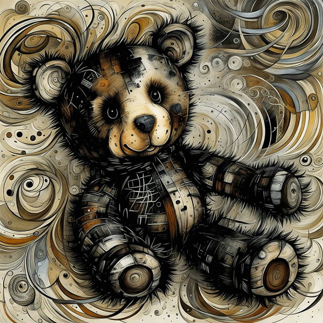 An abstract illustration of a sad, furry little brown teddy bear with a ripped ear, missing eye, patchy fur, and undone stitching, laying down against a black and white, brown abstract background