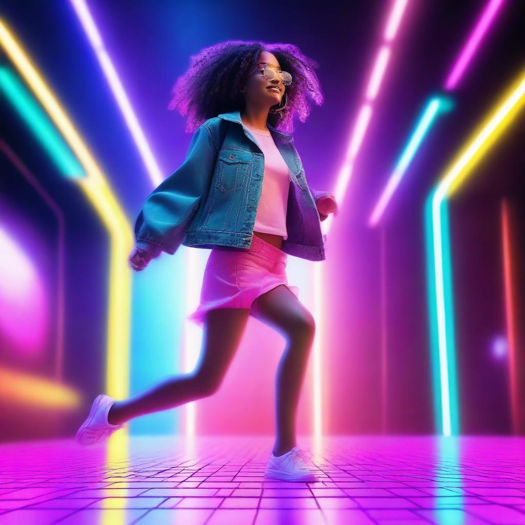 A young girl dancing enthusiastically to techno music, her feet moving rapidly on a futuristic, neon-lit dance floor