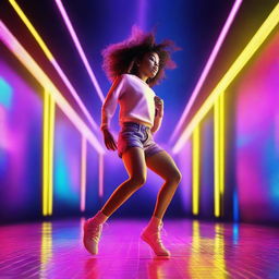 A young girl dancing enthusiastically to techno music, her feet moving rapidly on a futuristic, neon-lit dance floor