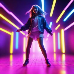 A young girl dancing enthusiastically to techno music, her feet moving rapidly on a futuristic, neon-lit dance floor