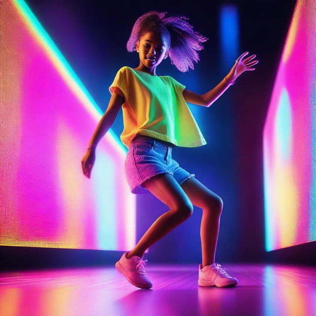 A young girl dancing enthusiastically to techno music, her feet moving rapidly on a futuristic, neon-lit dance floor