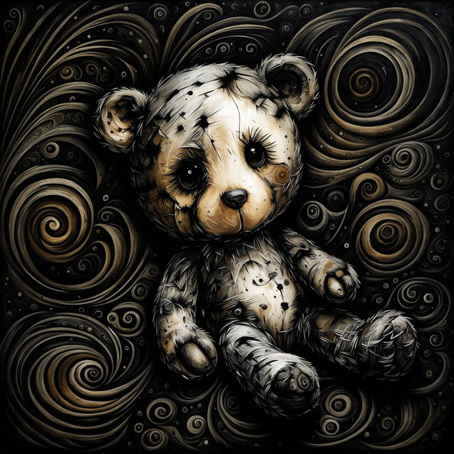 An abstract illustration of a sad, furry little brown teddy bear with a ripped ear, missing eye, patchy fur, and undone stitching, laying down against a dark, black and white, brown abstract background