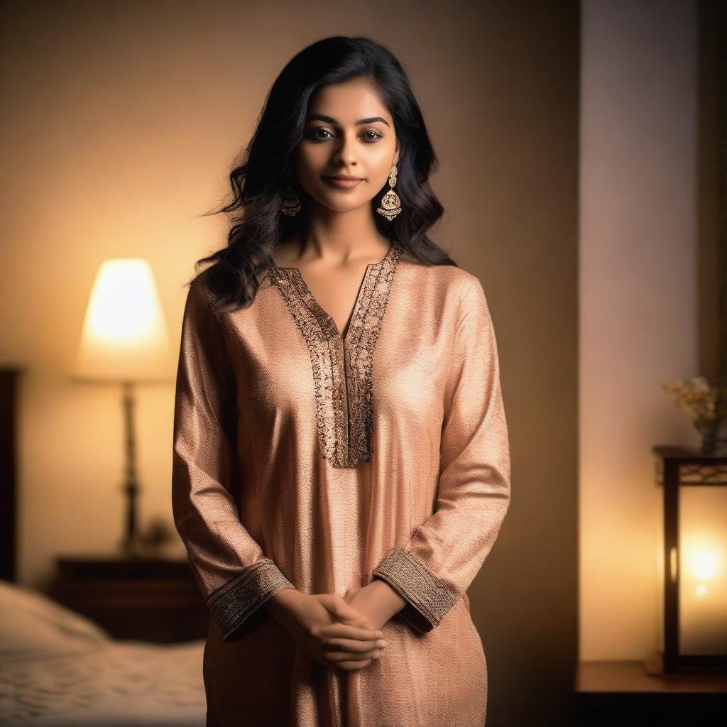 An Indian woman wearing a stylish night suit, standing in a cozy bedroom with soft lighting