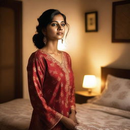 An Indian woman wearing a stylish night suit, standing in a cozy bedroom with soft lighting