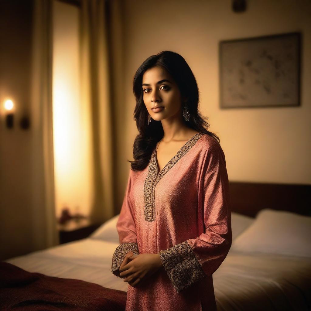 An Indian woman wearing a stylish night suit, standing in a cozy bedroom with soft lighting