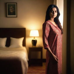 An Indian woman wearing a stylish night suit, standing in a cozy bedroom with soft lighting