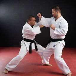 A strong male jujitsu expert engaged in a combat match with an imposing computer character performing martial art moves.