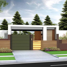 A modern home design fitting into a 33ft by 48ft area, featuring a shop and an imposing gate at the entrance. The design should demonstrate sleek lines, large windows, and contemporary architectural sensibilities.