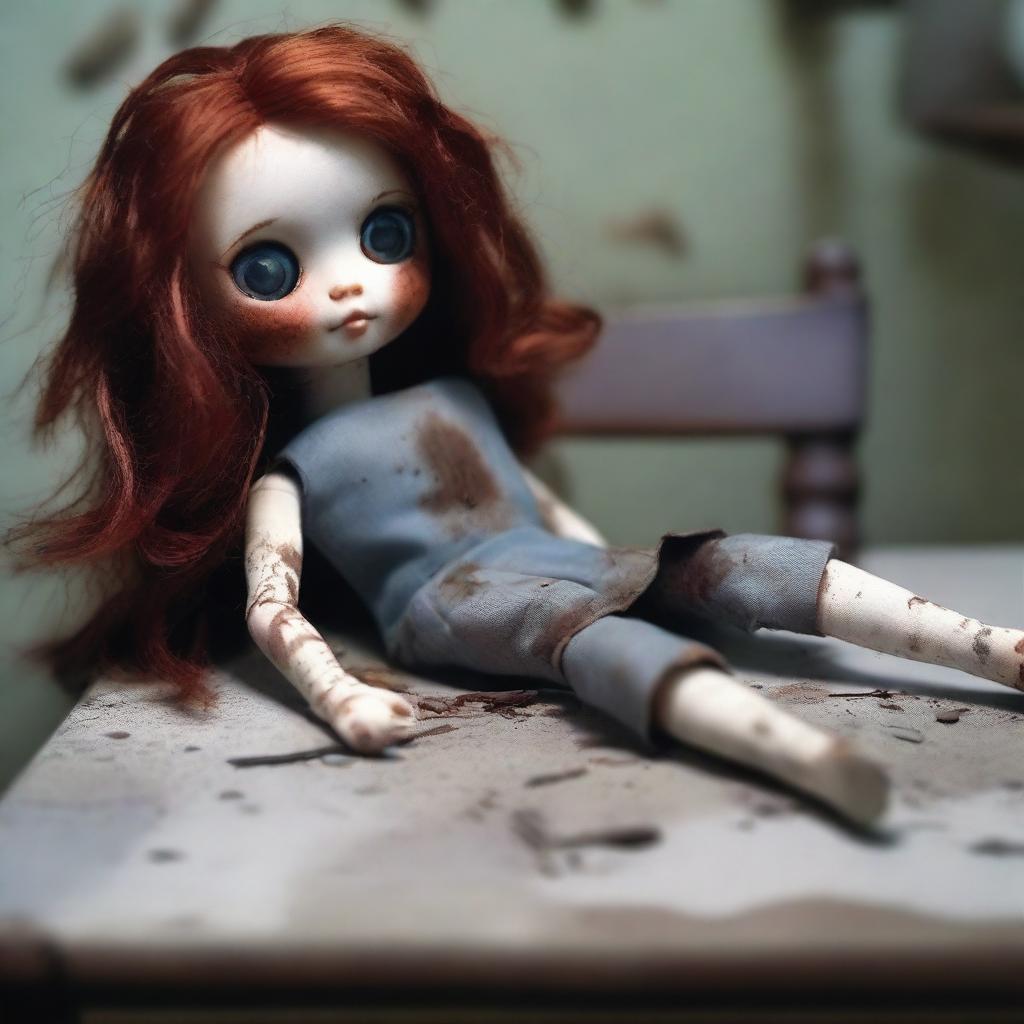 A doll with auburn hair and grey eyes, with its arms, legs, and head ripped off, laying on an empty table