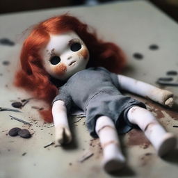 A doll with auburn hair and grey eyes, with its arms, legs, and head ripped off, laying on an empty table