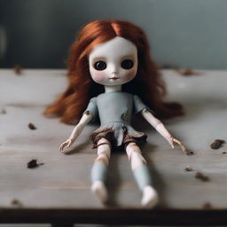 A doll with auburn hair and grey eyes, with its arms, legs, and head ripped off, laying on an empty table