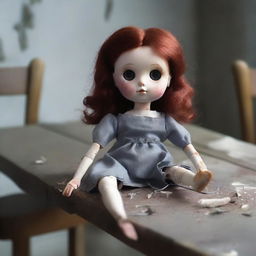 A doll with auburn hair and grey eyes, with its arms, legs, and head ripped off, laying on an empty table