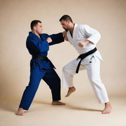 A strong male jujitsu expert engaged in a combat match with an imposing computer character performing martial art moves.