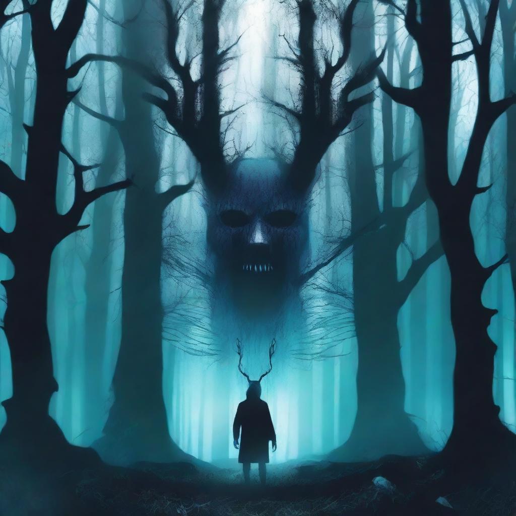 Create a book cover featuring a dark, creepy forest in the background