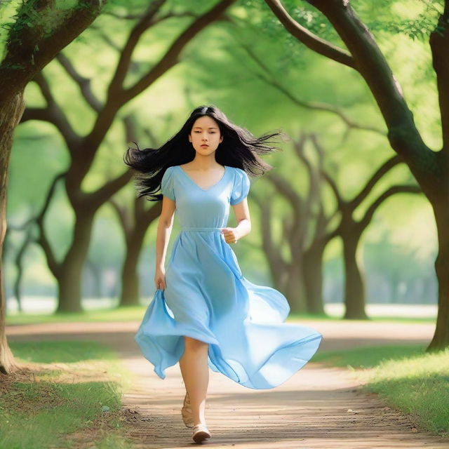 A girl with long black hair is running through a scenic park