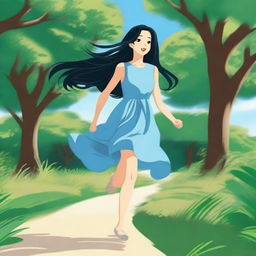 A girl with long black hair is running through a scenic park