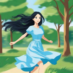 A girl with long black hair is running through a scenic park