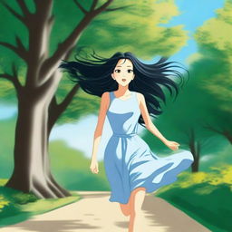 A girl with long black hair is running through a scenic park