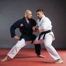 A strong male jujitsu expert engaged in a combat match with an imposing computer character performing martial art moves.