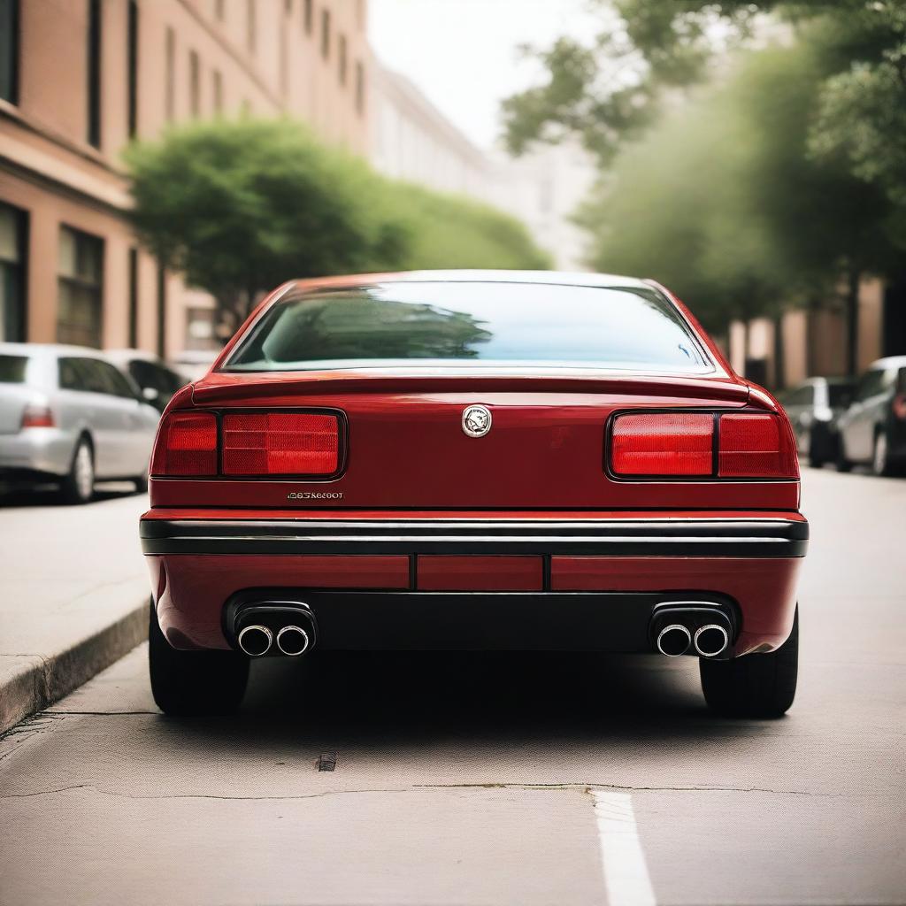 A detailed view of the back of a car, showcasing the rear bumper, taillights, and license plate