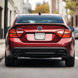 A detailed view of the back of a car, showcasing the rear bumper, taillights, and license plate