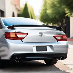 A detailed view of the back of a car, showcasing the rear bumper, taillights, and license plate