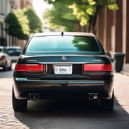 A detailed view of the back of a car, showcasing the rear bumper, taillights, and license plate