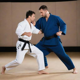 A strong male jujitsu expert engaged in a combat match with an imposing computer character performing martial art moves.