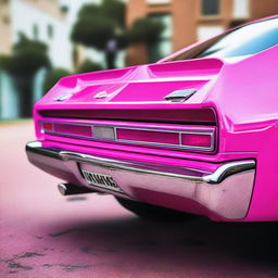 A detailed view of the back of a car painted in a funky pink color