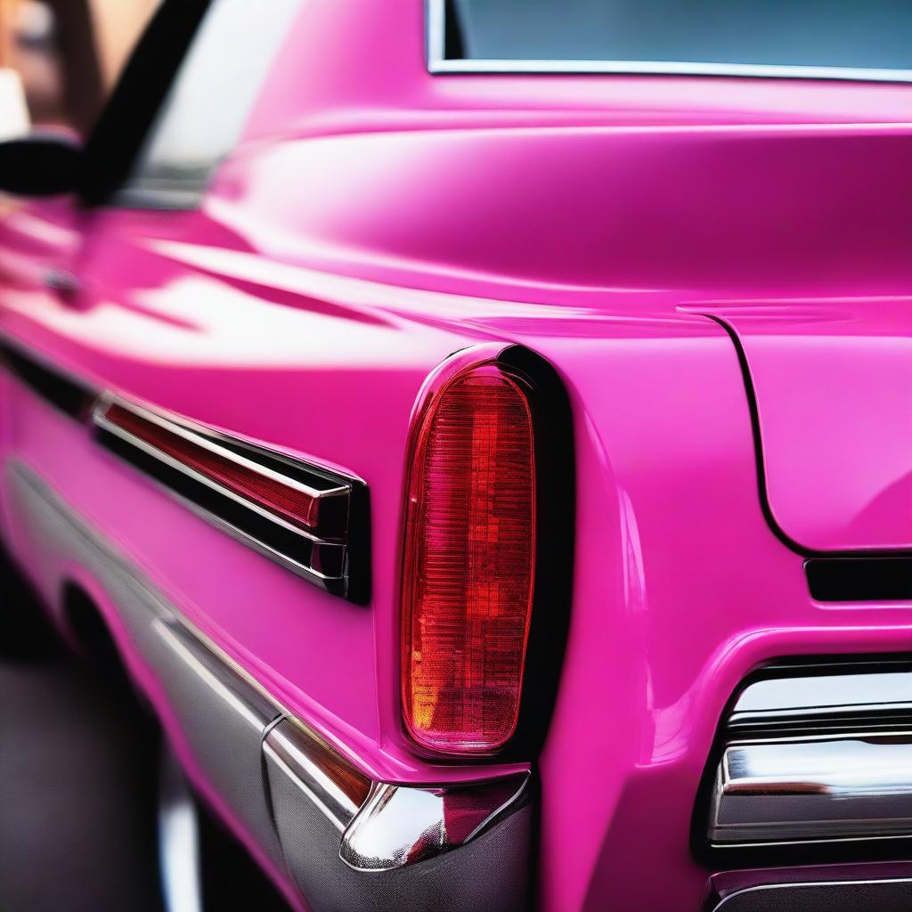 A detailed view of the back of a car painted in a funky pink color