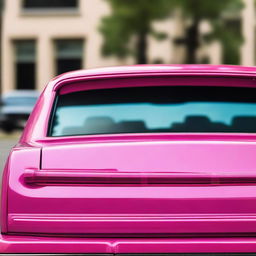 A detailed view of the back of a car painted in a funky pink color