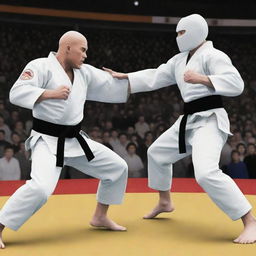 An anime-style image of a human and a humanoid computer engaged in a thrilling jujitsu match.