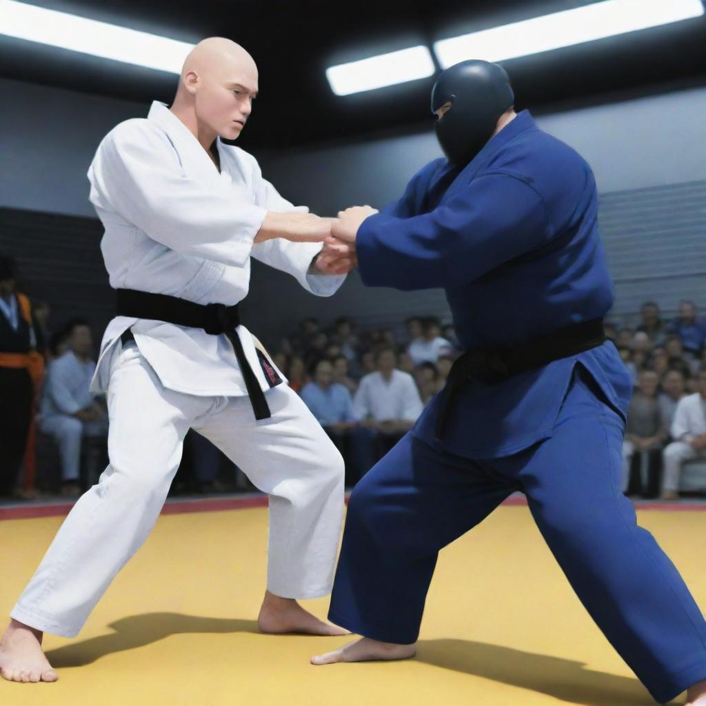 An anime-style image of a human and a humanoid computer engaged in a thrilling jujitsu match.