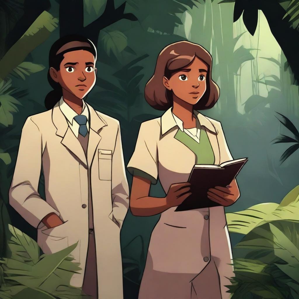 A dark jungle adventure scene featuring a young girl, a scientist, and a detective