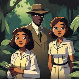 A dark jungle adventure scene featuring a young girl, a scientist, and a detective