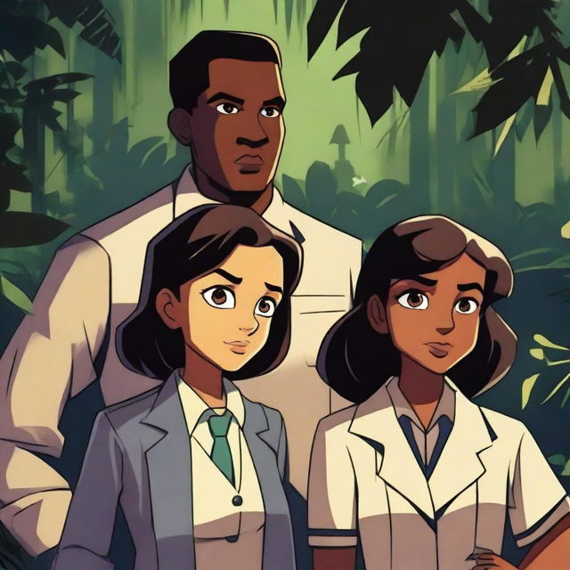 A dark jungle adventure scene featuring a young girl, a scientist, and a detective