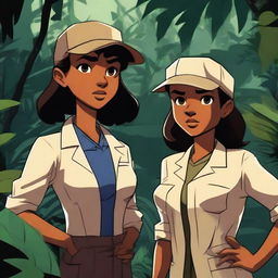 A dark jungle adventure scene featuring a young girl, a scientist, and a detective