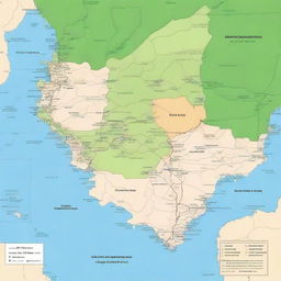 A detailed map illustration of the Cuyabeno region, showcasing the territorial planning and zoning