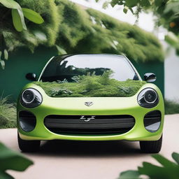 A detailed view of the front of a funky car designed to look like a plant