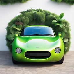 A detailed view of the front of a funky car designed to look like a plant