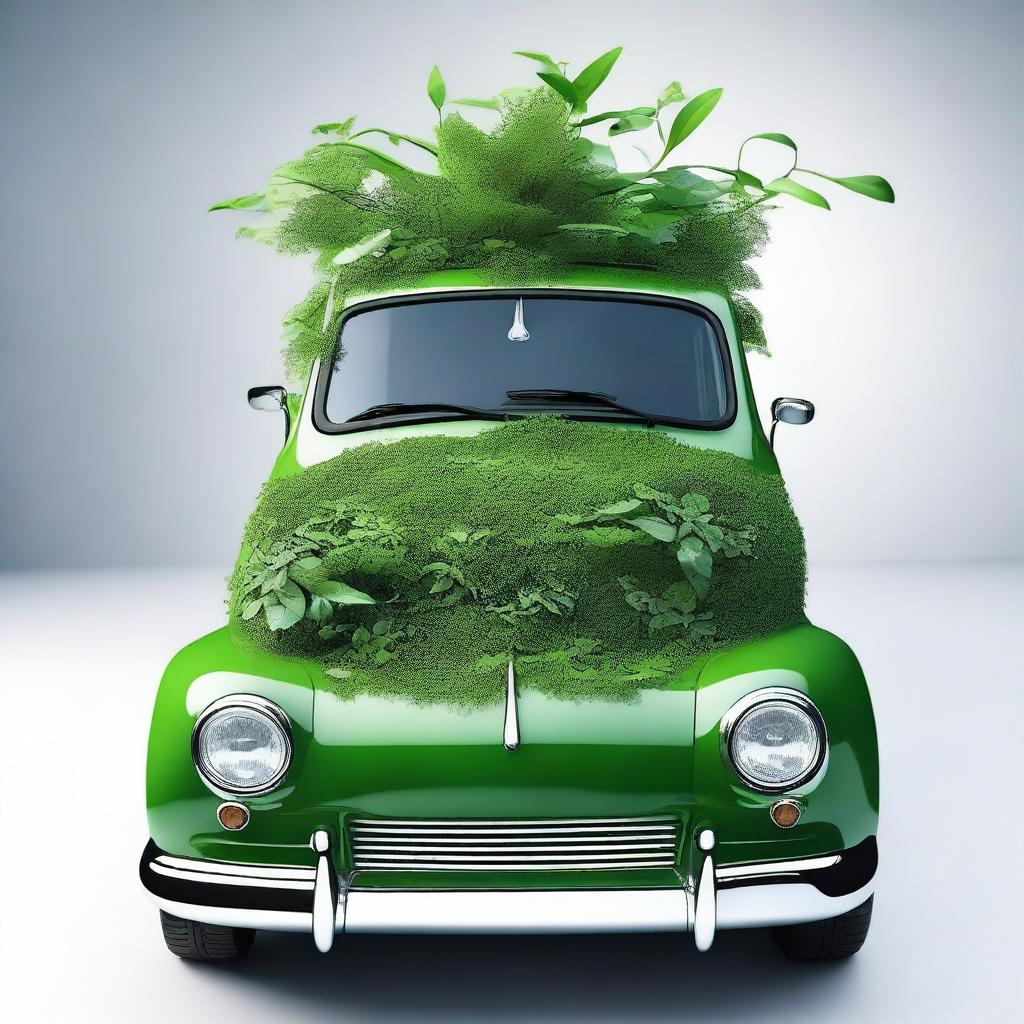 A detailed view of the front of a funky car designed to look like a plant