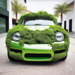 A detailed view of the front of a funky car designed to look like a plant