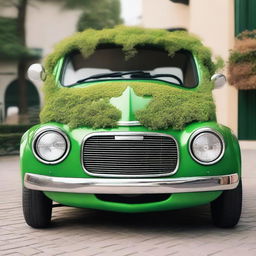 A whimsical and funky car designed to look like a plant