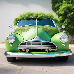 A whimsical and funky car designed to look like a plant