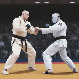 An anime-style image of a human and a humanoid computer engaged in a thrilling jujitsu match.