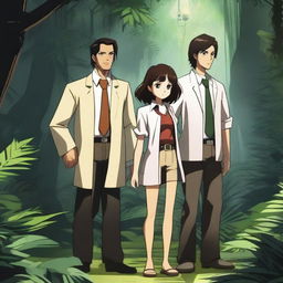 A dark jungle adventure scene featuring three characters