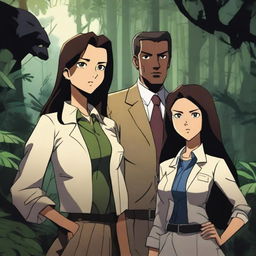 A dark jungle adventure scene featuring three characters